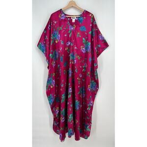 Vintage Winlar Kaftan One Size V Neck Burgundy Jewel Tone Floral Print Satin
